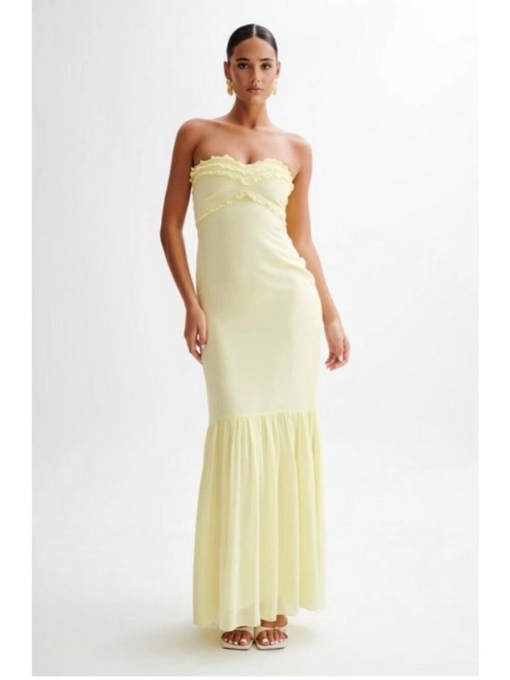Meshki Pale Yellow Strapless Ruffle-Hem Maxi Dress